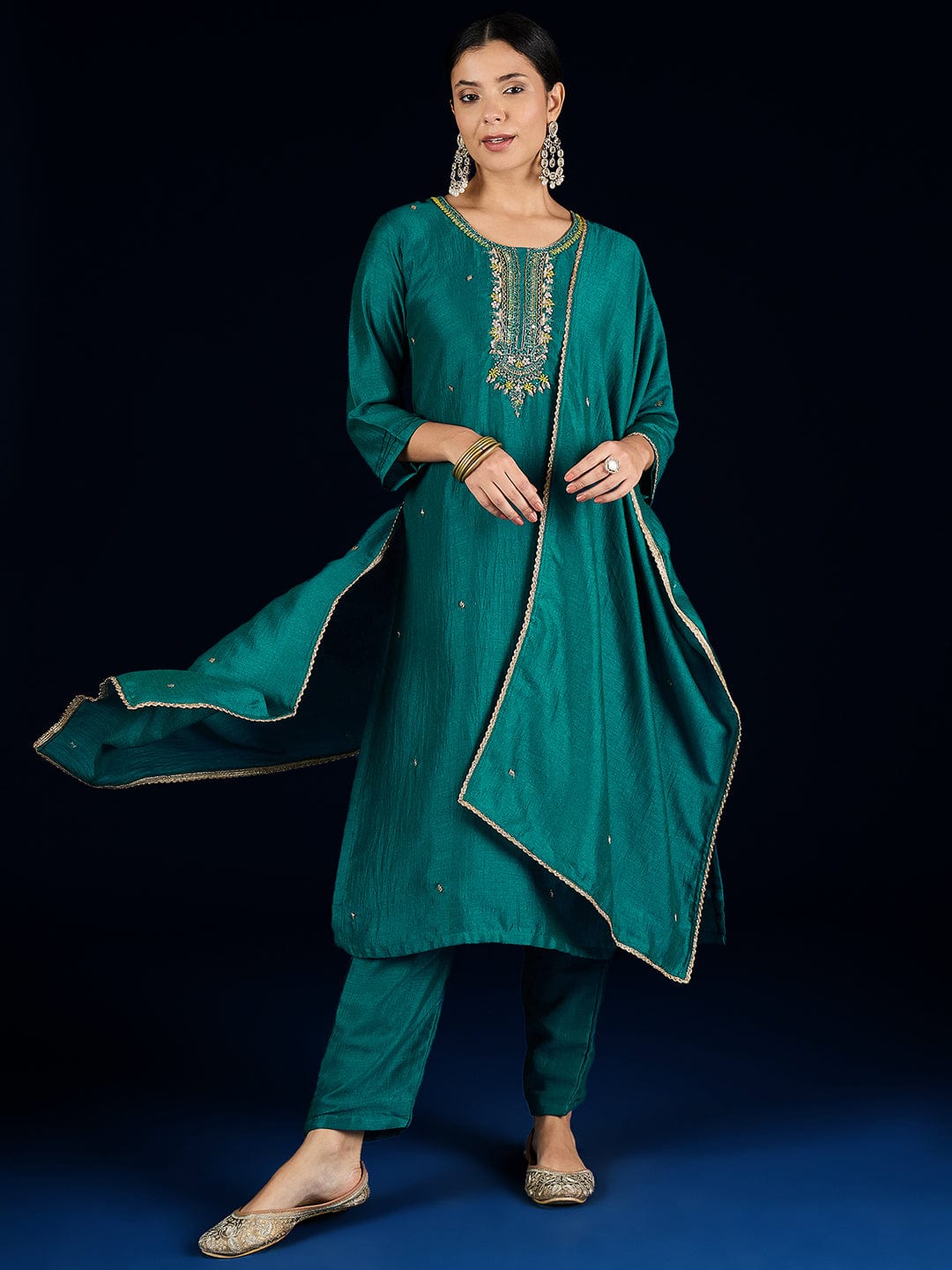 Varanga Purple 3-Piece Set With A Beadwork Yoke Kurta, Solid Trousers And Dupatta
