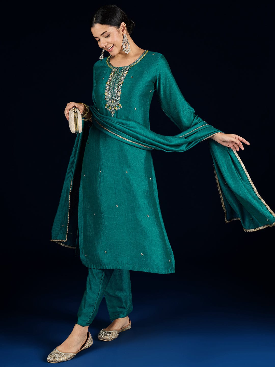 Varanga Purple 3-Piece Set With A Beadwork Yoke Kurta, Solid Trousers And Dupatta