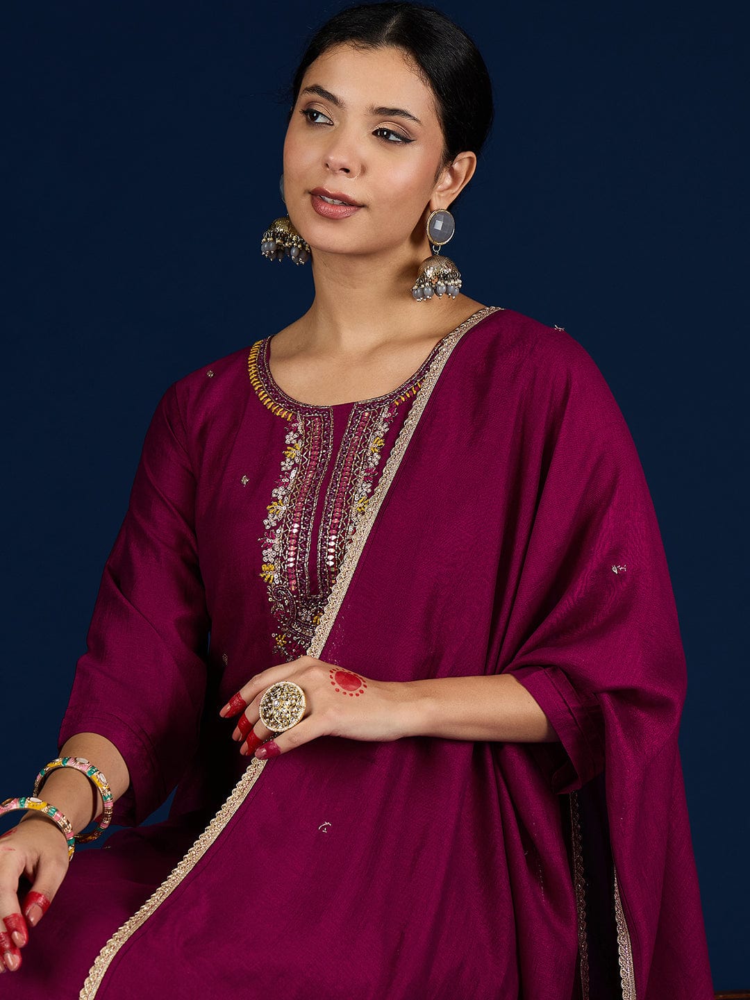 Varanga Purple 3-Piece Set With A Beadwork Yoke Kurta, Solid Trousers And Dupatta