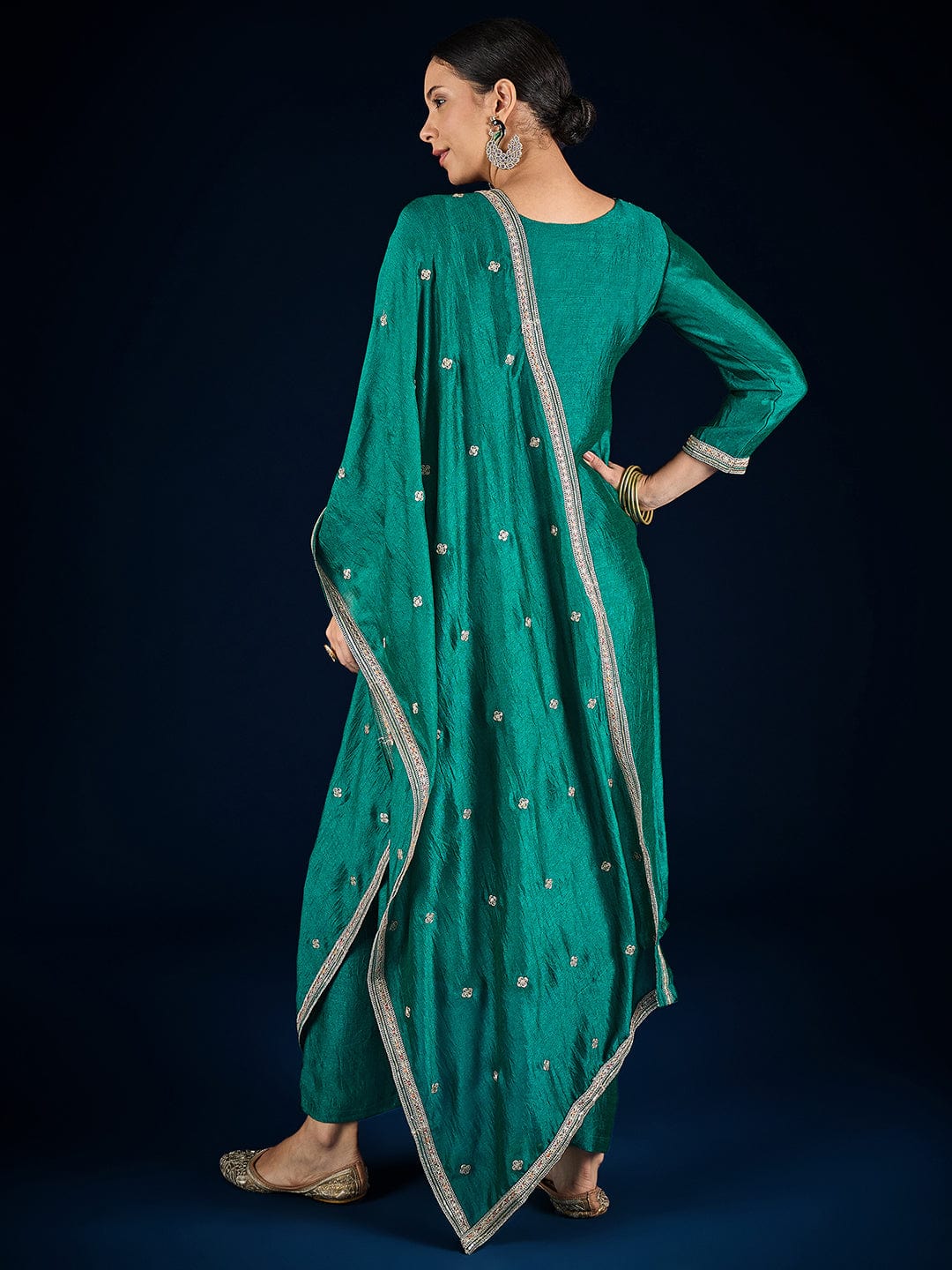 Varanga  Teal Kurta Set Featuring Beadwork Detailing, Embroidered Hem Trousers, And A Hand-Embroidered Dupatta For A Timeless Ethnic Look.