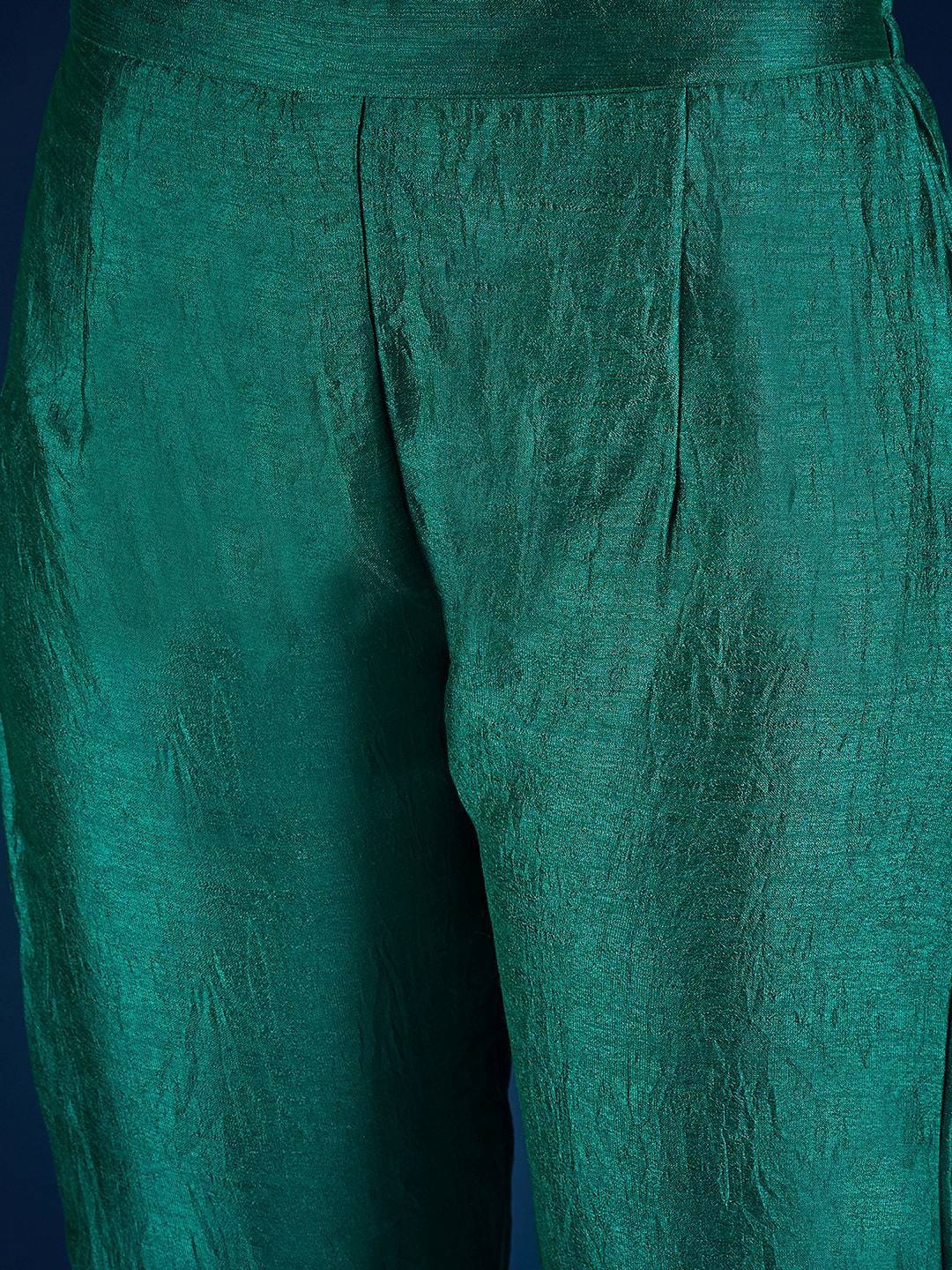 Varanga  Teal Kurta Set Featuring Beadwork Detailing, Embroidered Hem Trousers, And A Hand-Embroidered Dupatta For A Timeless Ethnic Look.