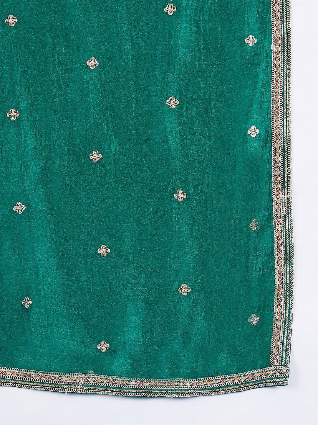 Varanga  Teal Kurta Set Featuring Beadwork Detailing, Embroidered Hem Trousers, And A Hand-Embroidered Dupatta For A Timeless Ethnic Look.