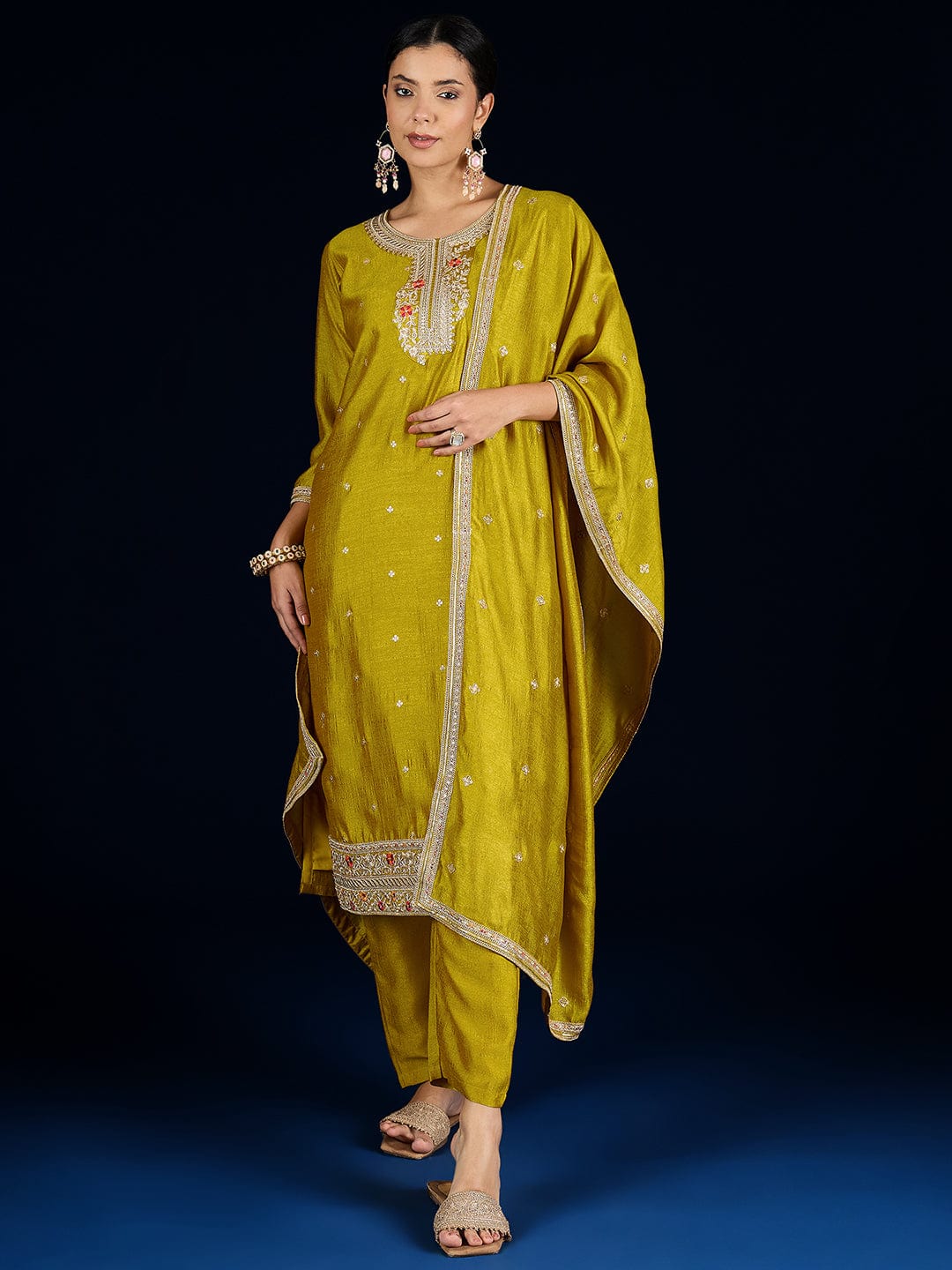 Varanga  Kurta Set Featuring Beadwork Detailing, Embroidered Hem Trousers, And A Hand-Embroidered Dupatta For A Timeless Ethnic Look.