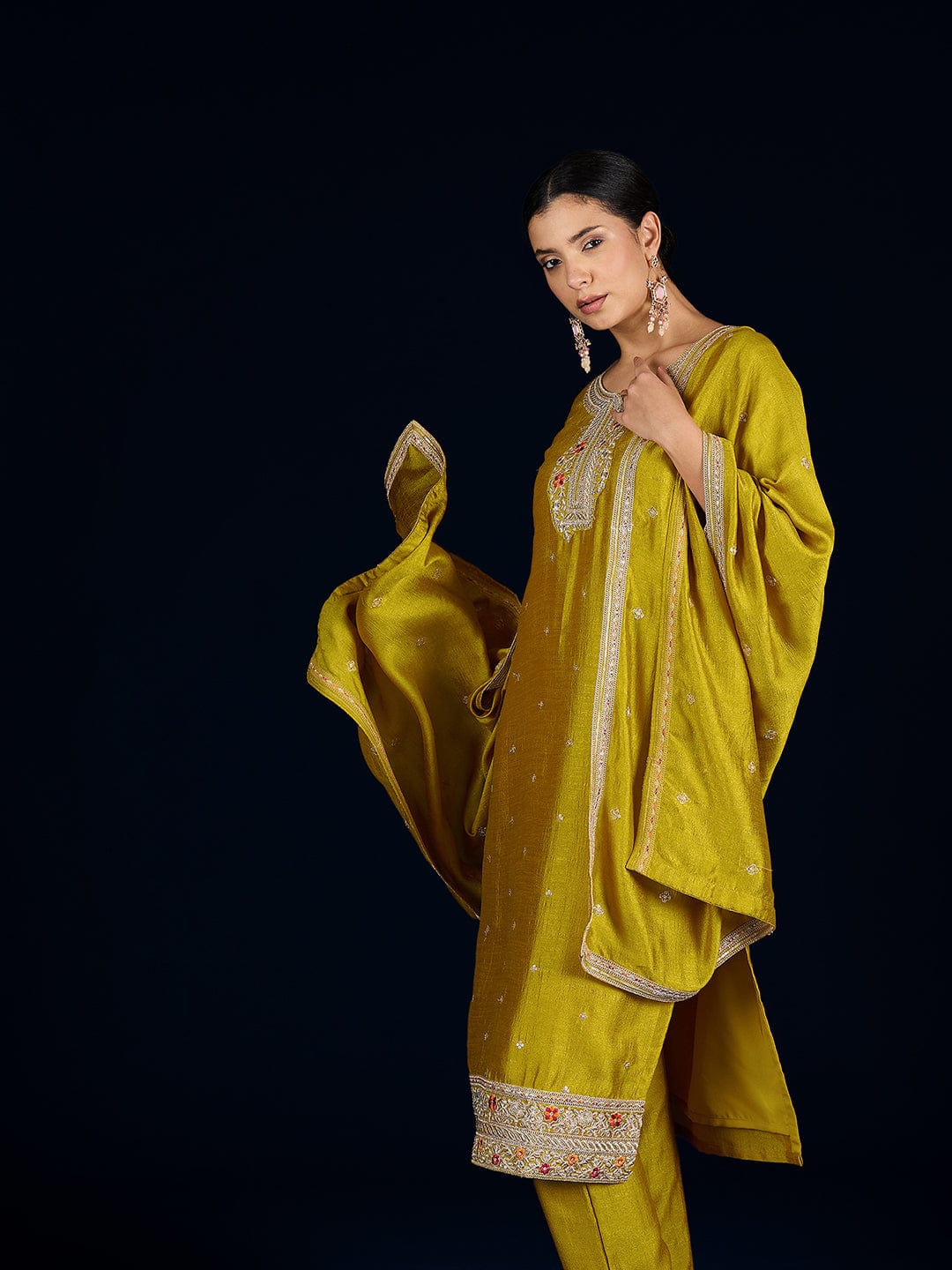 Varanga  Kurta Set Featuring Beadwork Detailing, Embroidered Hem Trousers, And A Hand-Embroidered Dupatta For A Timeless Ethnic Look.