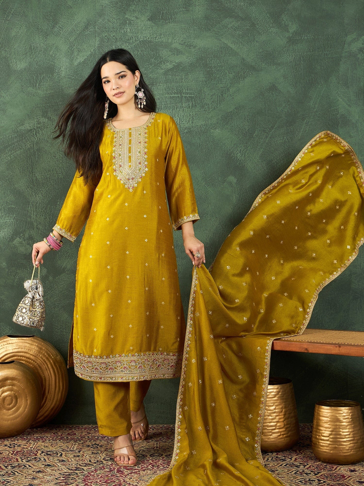Varanga Kurta With Intricate Zari-Embroidered Yoke Is Paired With Ankle-Length Solid Trousers And A Matching Zari-Accented Dupatta