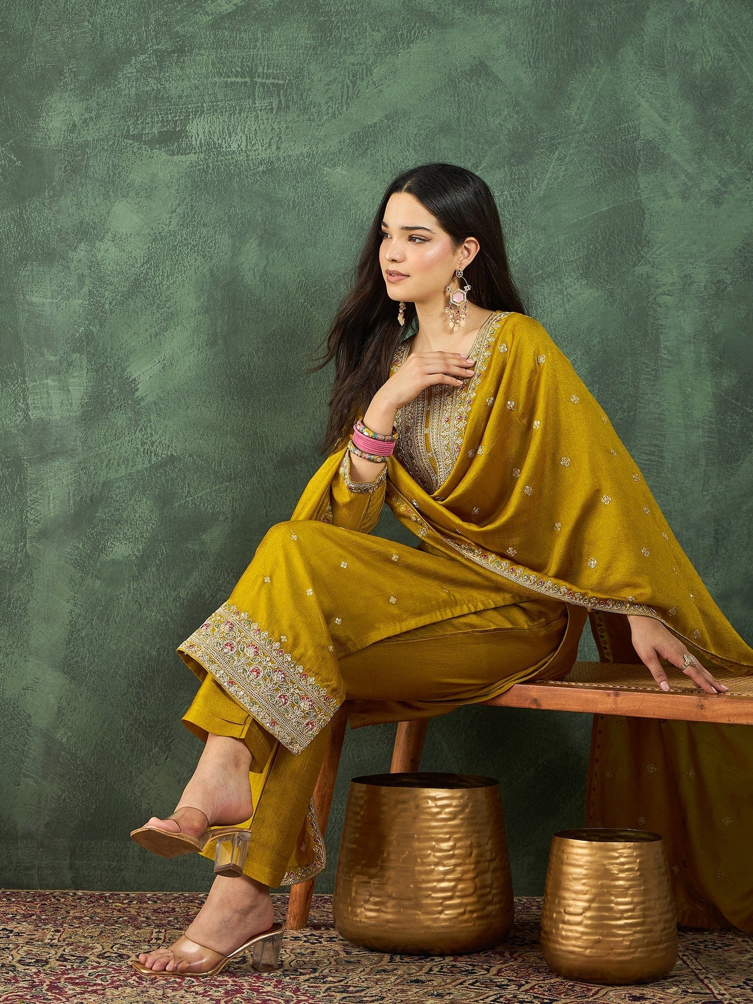 Varanga Kurta With Intricate Zari-Embroidered Yoke Is Paired With Ankle-Length Solid Trousers And A Matching Zari-Accented Dupatta