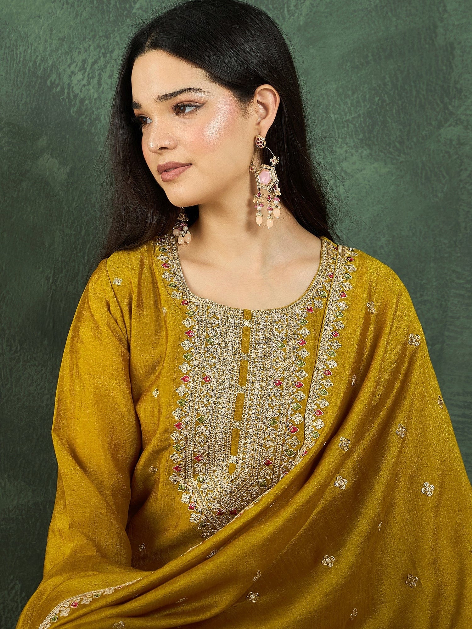 Varanga Kurta With Intricate Zari-Embroidered Yoke Is Paired With Ankle-Length Solid Trousers And A Matching Zari-Accented Dupatta