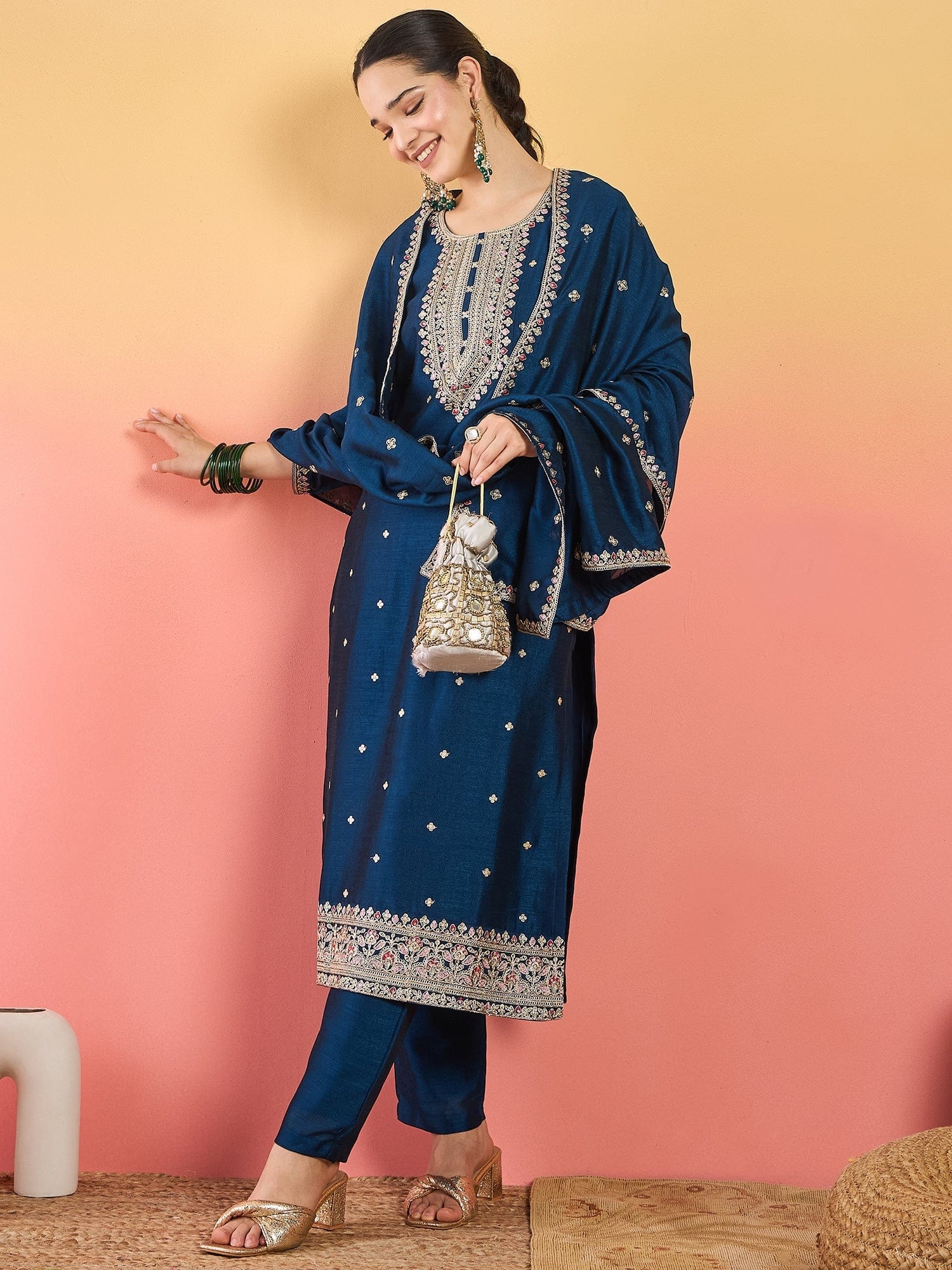 Varanga Kurta With Intricate Zari-Embroidered Yoke Is Paired With Ankle-Length Solid Trousers And A Matching Zari-Accented Dupatta