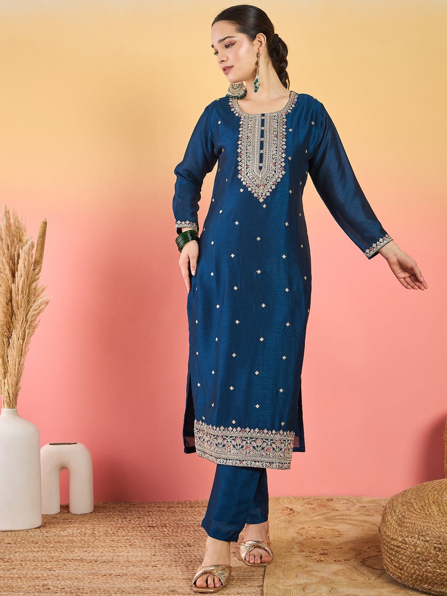 Varanga Kurta With Intricate Zari-Embroidered Yoke Is Paired With Ankle-Length Solid Trousers And A Matching Zari-Accented Dupatta