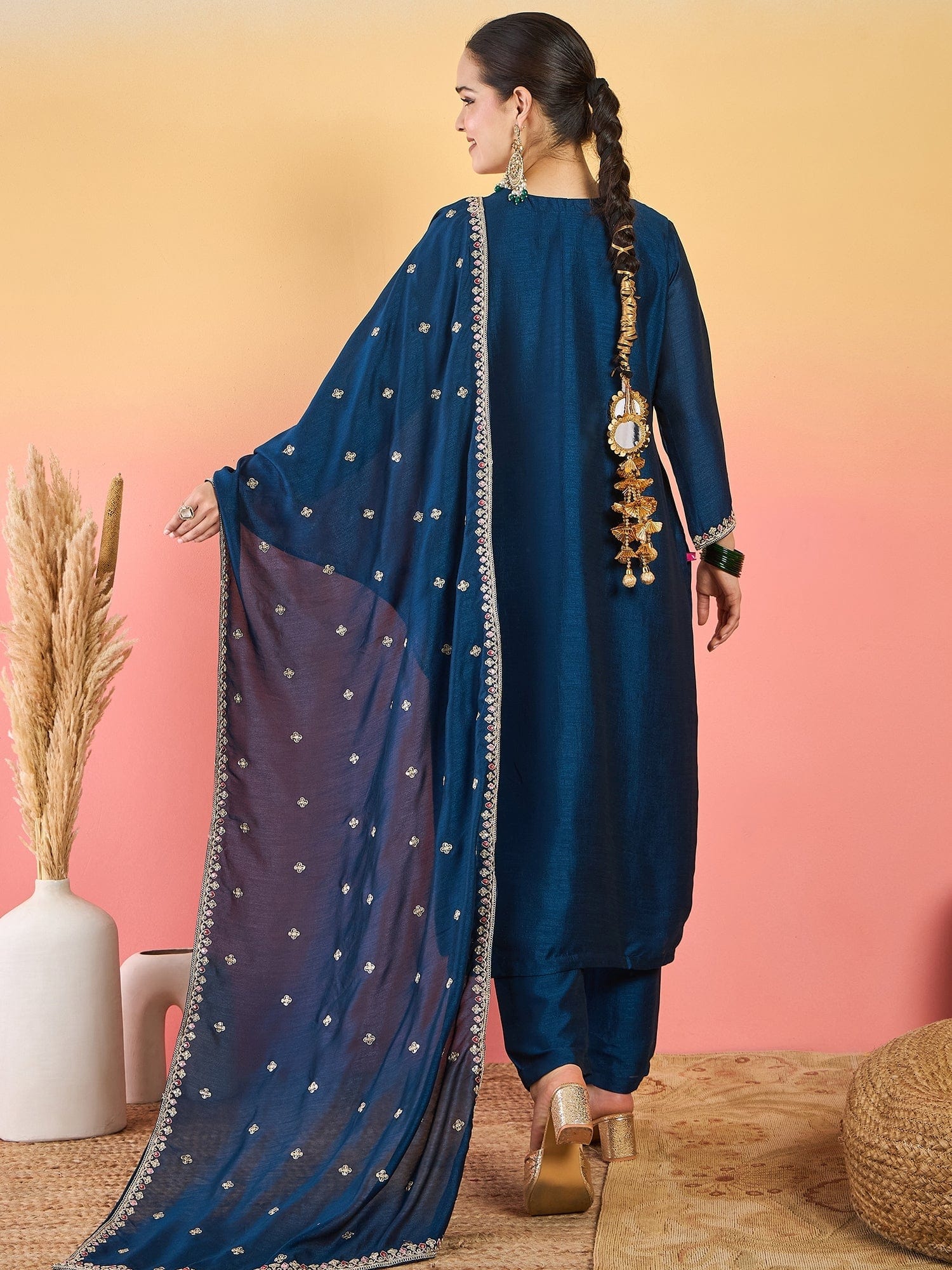 Varanga Kurta With Intricate Zari-Embroidered Yoke Is Paired With Ankle-Length Solid Trousers And A Matching Zari-Accented Dupatta