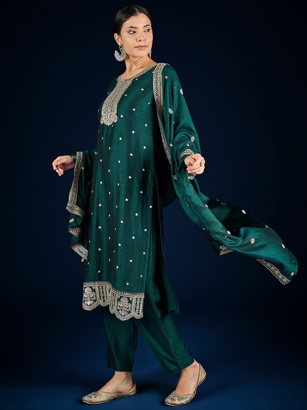 Varanga Graceful Green 3-Piece Set Featuring A Zari-Embroidered Kurta, Solid Ankle-Length Trousers, And An Elegant Embroidered Dupatta.