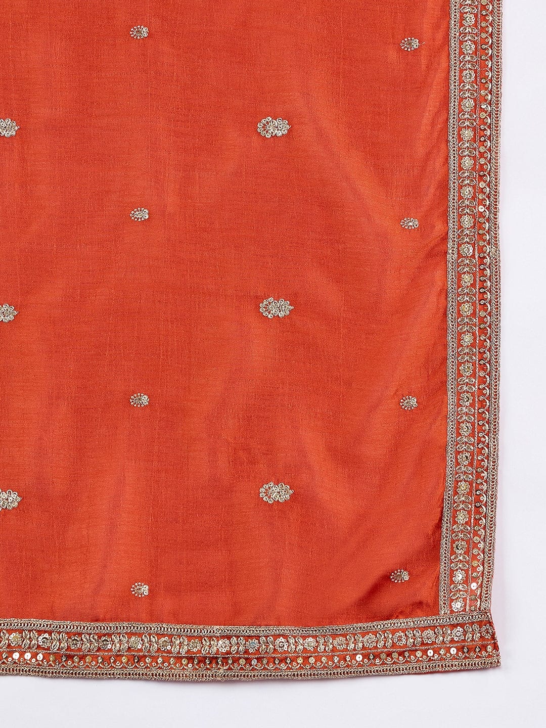 Varanga Graceful Rust 3-Piece Set Featuring A Zari-Embroidered Kurta, Solid Ankle-Length Trousers, And An Elegant Embroidered Dupatta.