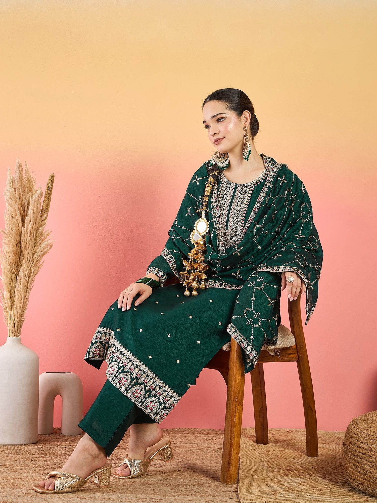 Varanga Vichitra Bead-Embellished Round Neck Kurta, Solid Ankle-Length Trousers, And An Elegant Embroidered Dupatta