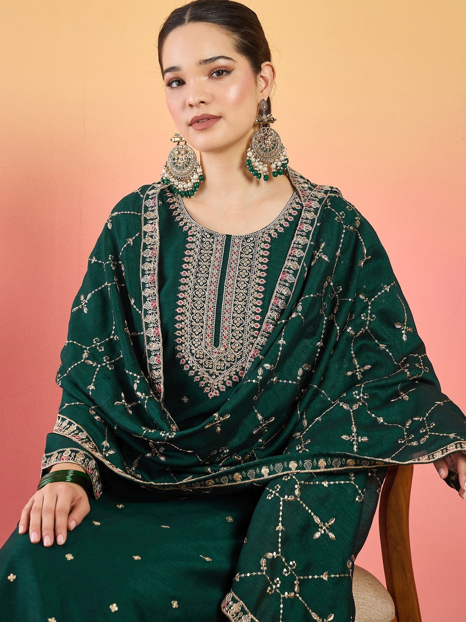 Varanga Vichitra Bead-Embellished Round Neck Kurta, Solid Ankle-Length Trousers, And An Elegant Embroidered Dupatta