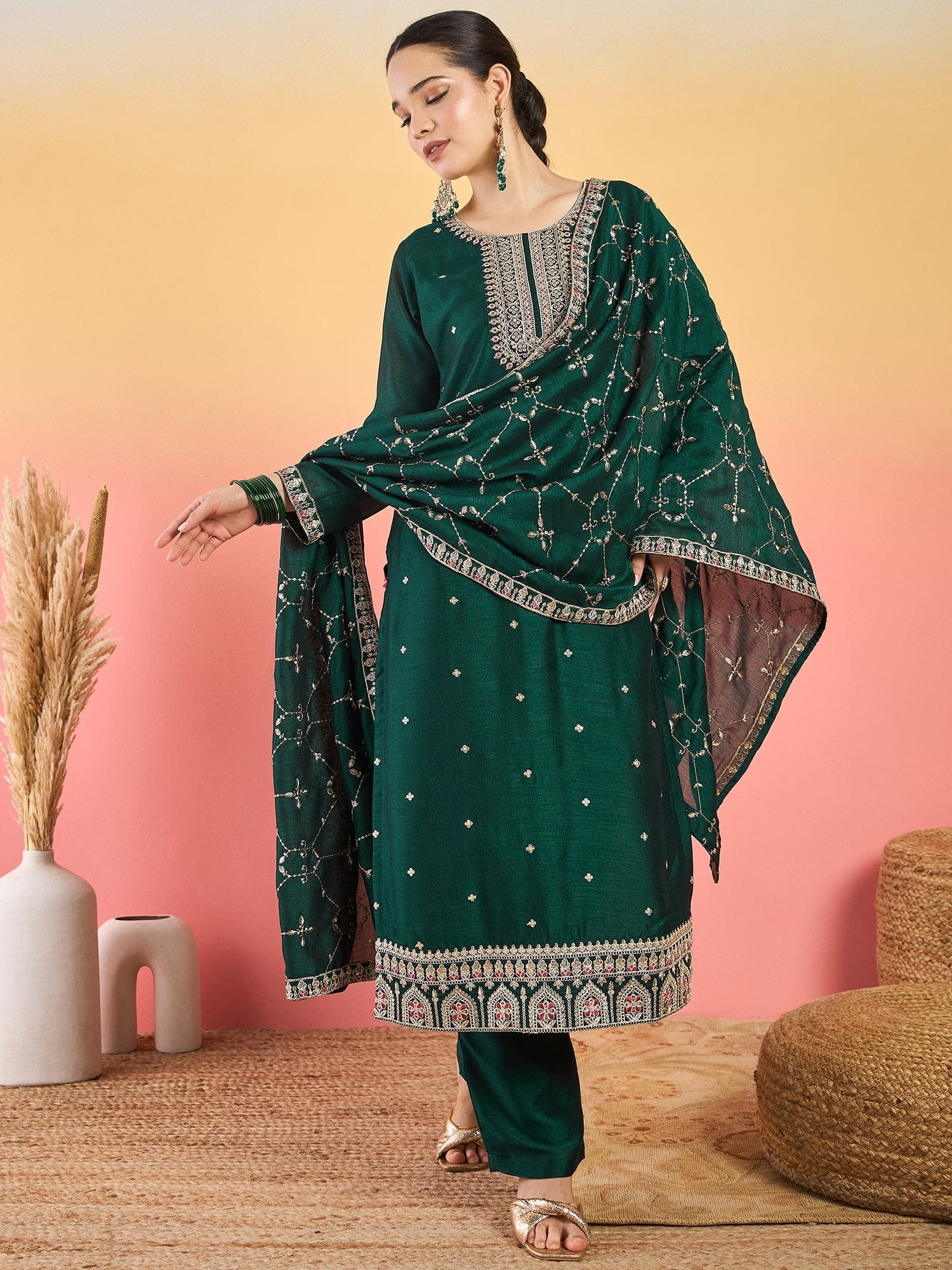 Varanga Vichitra Bead-Embellished Round Neck Kurta, Solid Ankle-Length Trousers, And An Elegant Embroidered Dupatta
