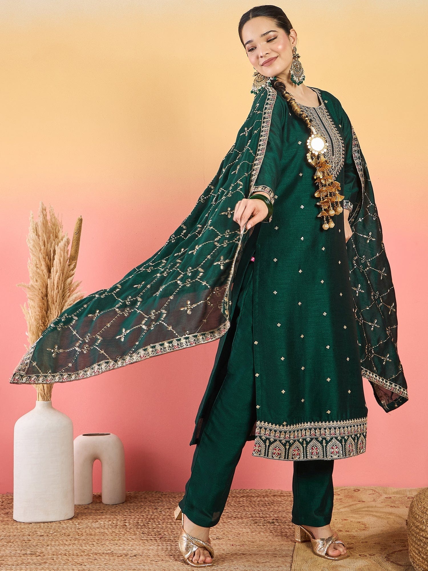 Varanga Vichitra Bead-Embellished Round Neck Kurta, Solid Ankle-Length Trousers, And An Elegant Embroidered Dupatta