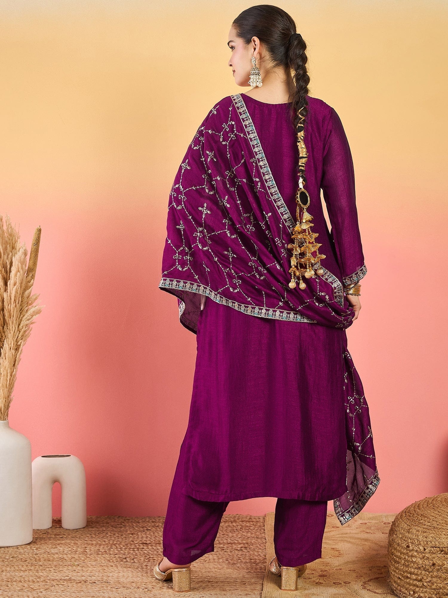 Varanga Vichitra Bead-Embellished Round Neck Kurta, Solid Ankle-Length Trousers, And An Elegant Embroidered Dupatta