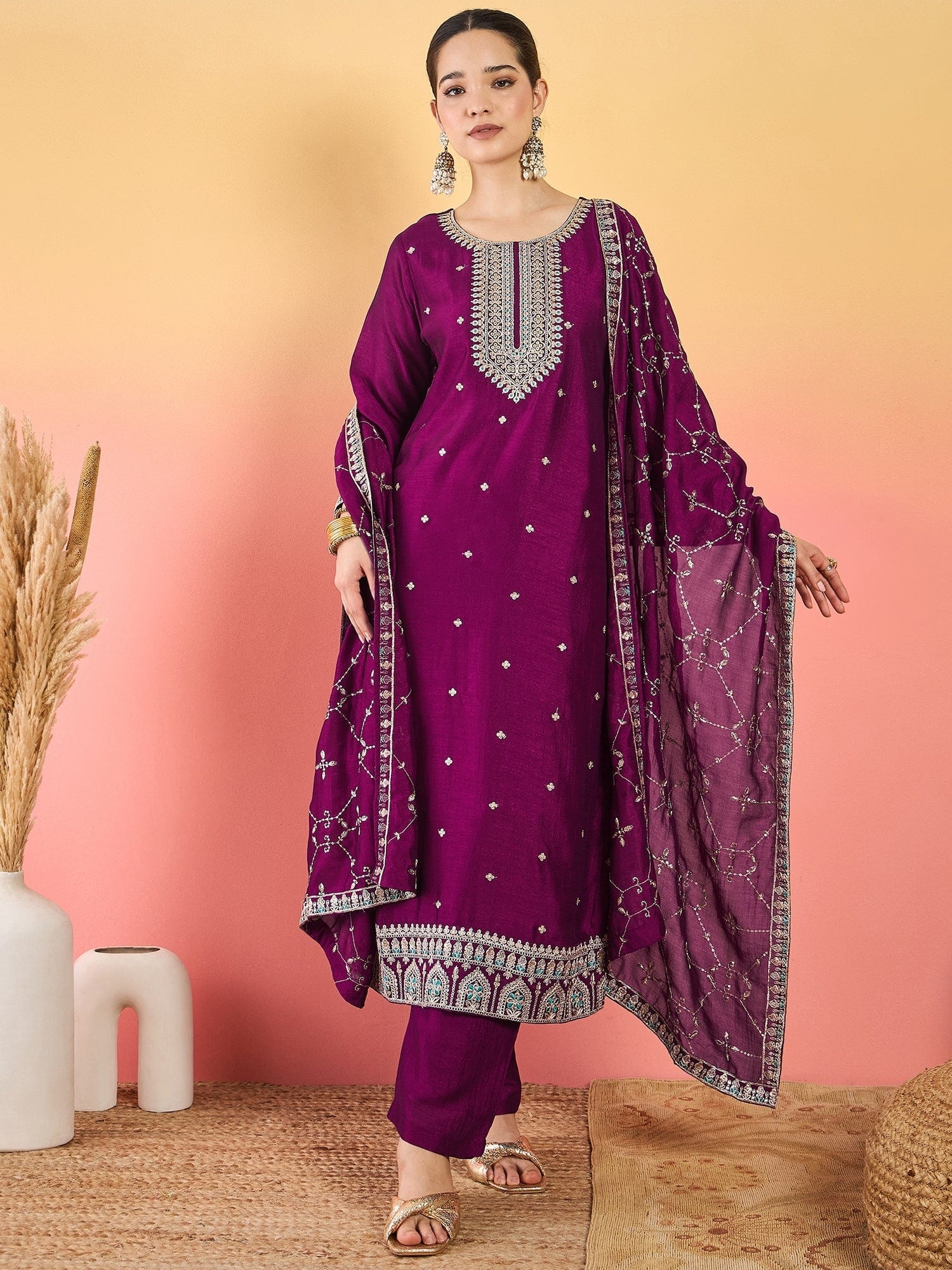 Varanga Vichitra Bead-Embellished Round Neck Kurta, Solid Ankle-Length Trousers, And An Elegant Embroidered Dupatta