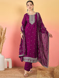 Varanga Vichitra Bead-Embellished Round Neck Kurta, Solid Ankle-Length Trousers, And An Elegant Embroidered Dupatta