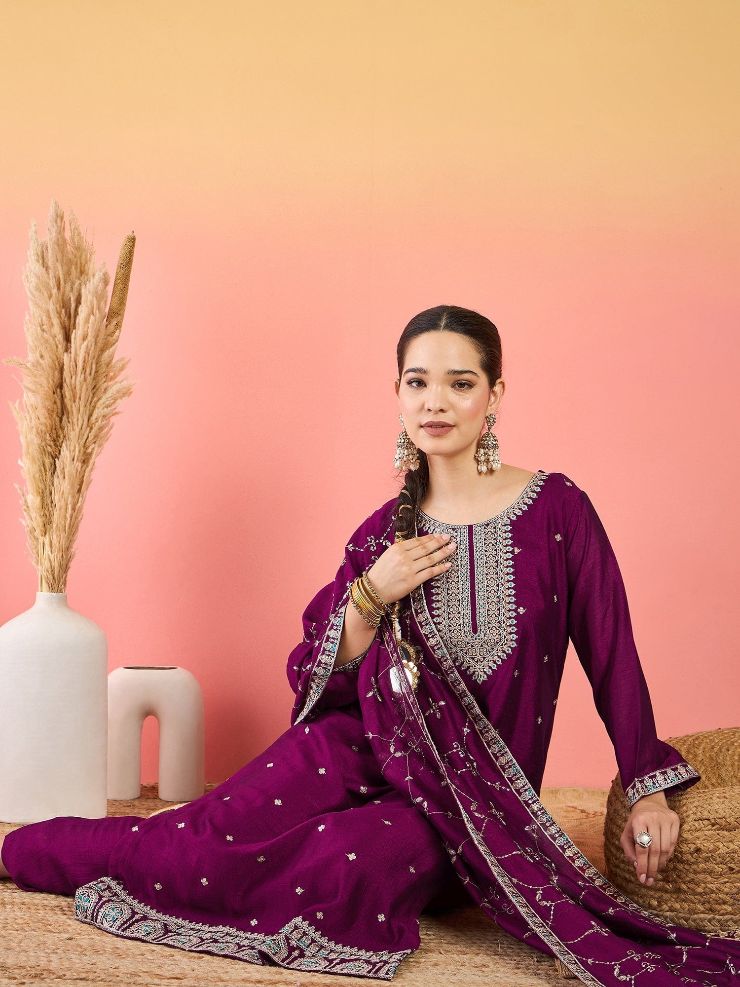 Varanga Vichitra Bead-Embellished Round Neck Kurta, Solid Ankle-Length Trousers, And An Elegant Embroidered Dupatta