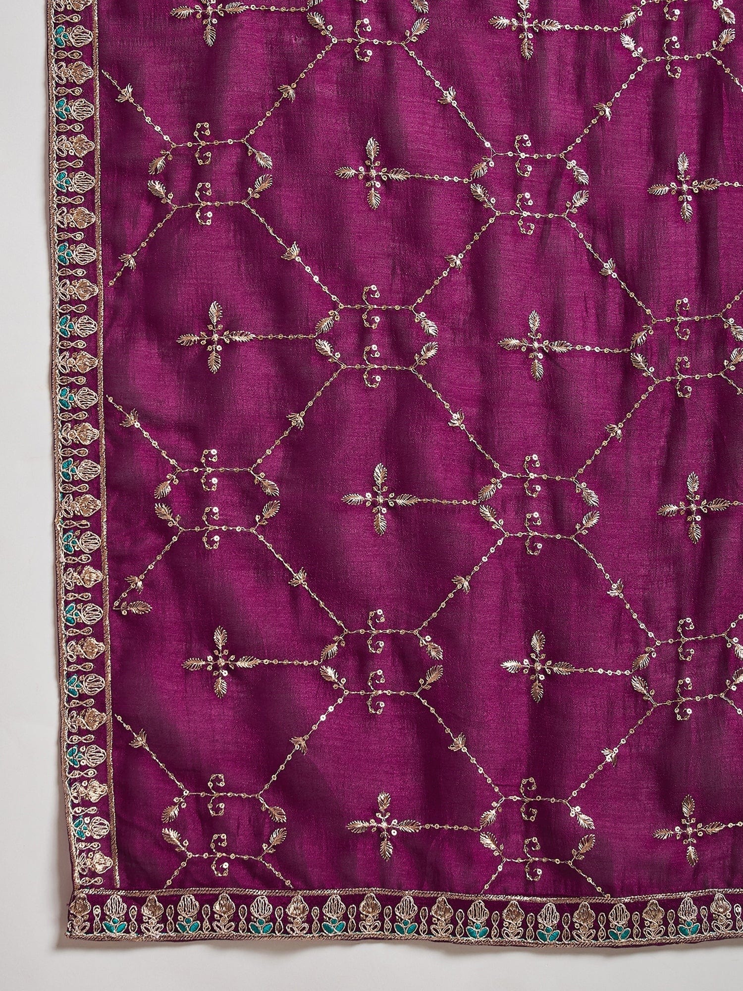 Varanga Vichitra Bead-Embellished Round Neck Kurta, Solid Ankle-Length Trousers, And An Elegant Embroidered Dupatta
