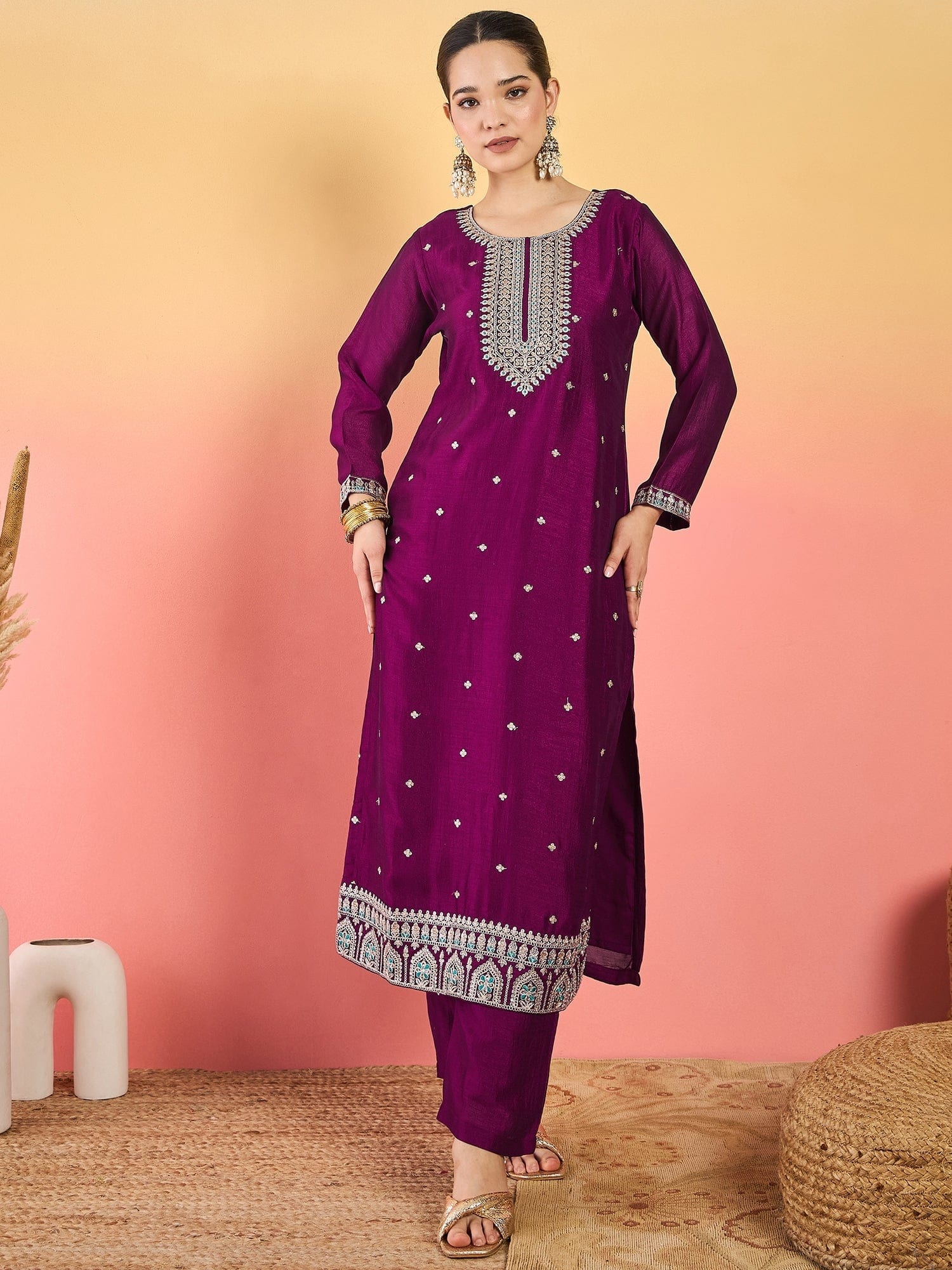 Varanga Vichitra Bead-Embellished Round Neck Kurta, Solid Ankle-Length Trousers, And An Elegant Embroidered Dupatta
