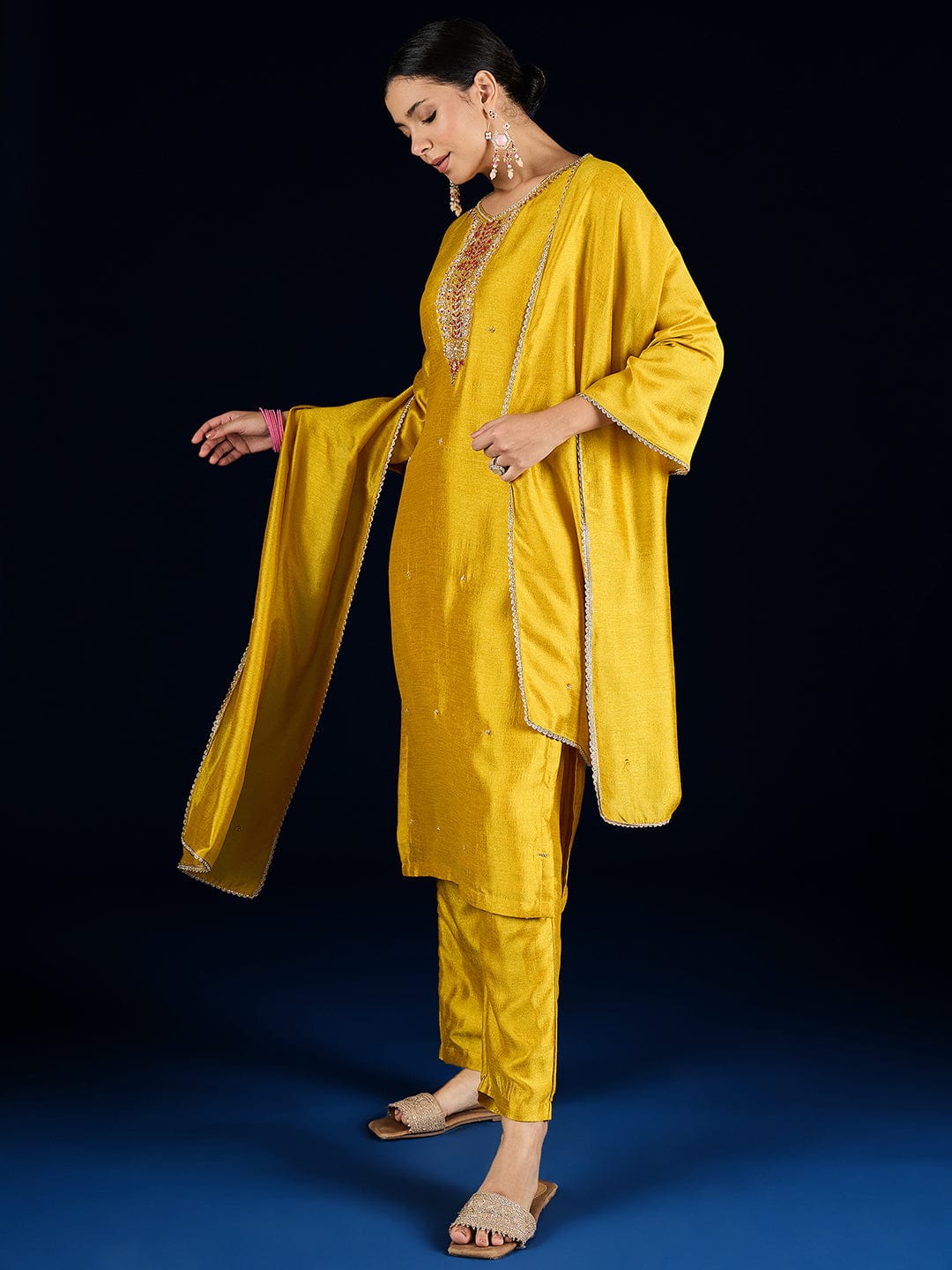 Varanga Vichitra Bead-Embellished Round Neck Kurta, Solid Ankle-Length Trousers, And An Elegant Embroidered Dupatta