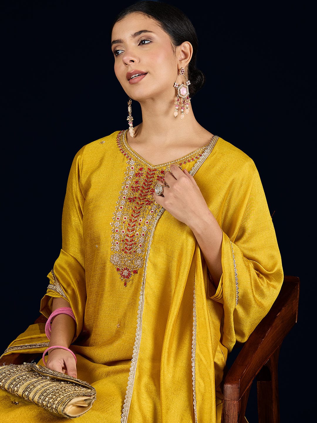 Varanga Vichitra Bead-Embellished Round Neck Kurta, Solid Ankle-Length Trousers, And An Elegant Embroidered Dupatta