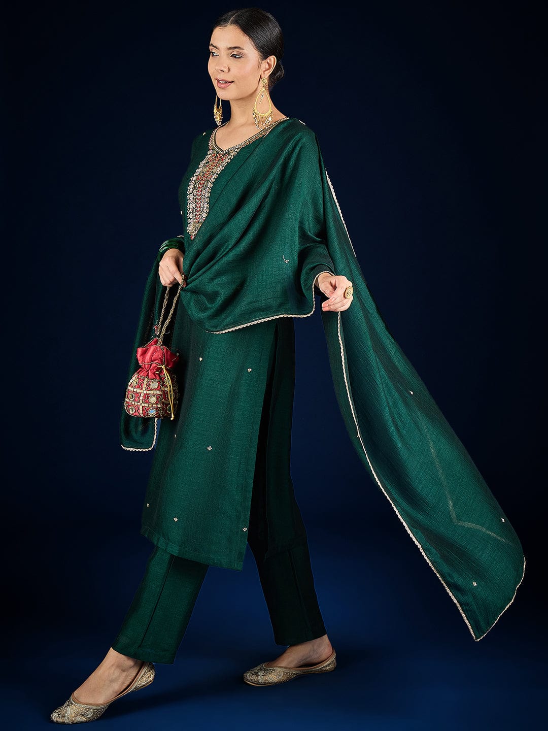Varanga Vichitra Bead-Embellished V-Neck Kurta, Solid Ankle-Length Trousers, And An Elegant Embroidered Dupatta