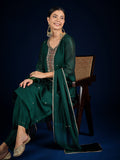 Varanga Vichitra Bead-Embellished V-Neck Kurta, Solid Ankle-Length Trousers, And An Elegant Embroidered Dupatta