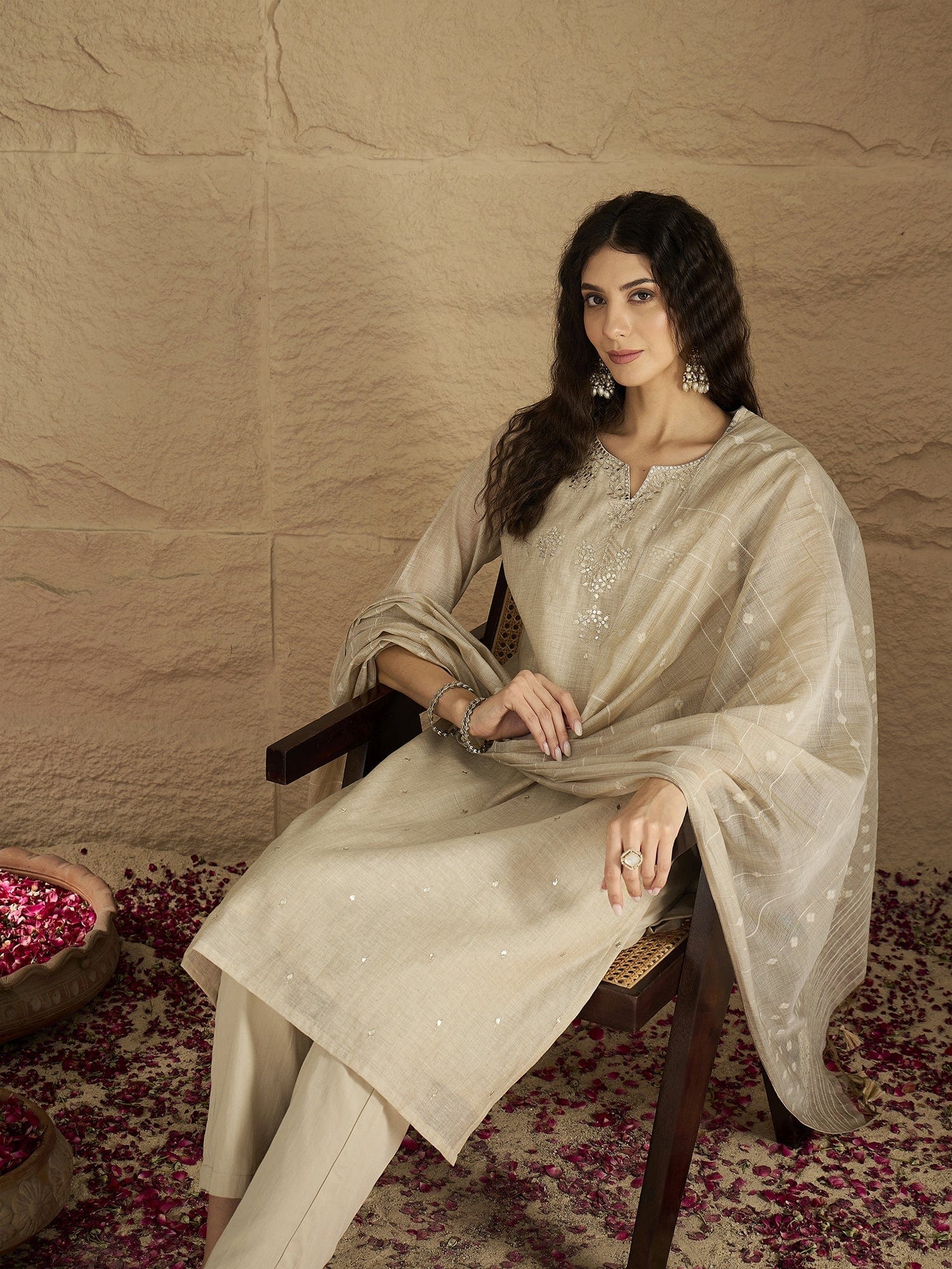 Varanga Women Graceful Beige Kurta Set Featuring Gota Patti Detailing, Paired With Solid Trousers And Dupatta