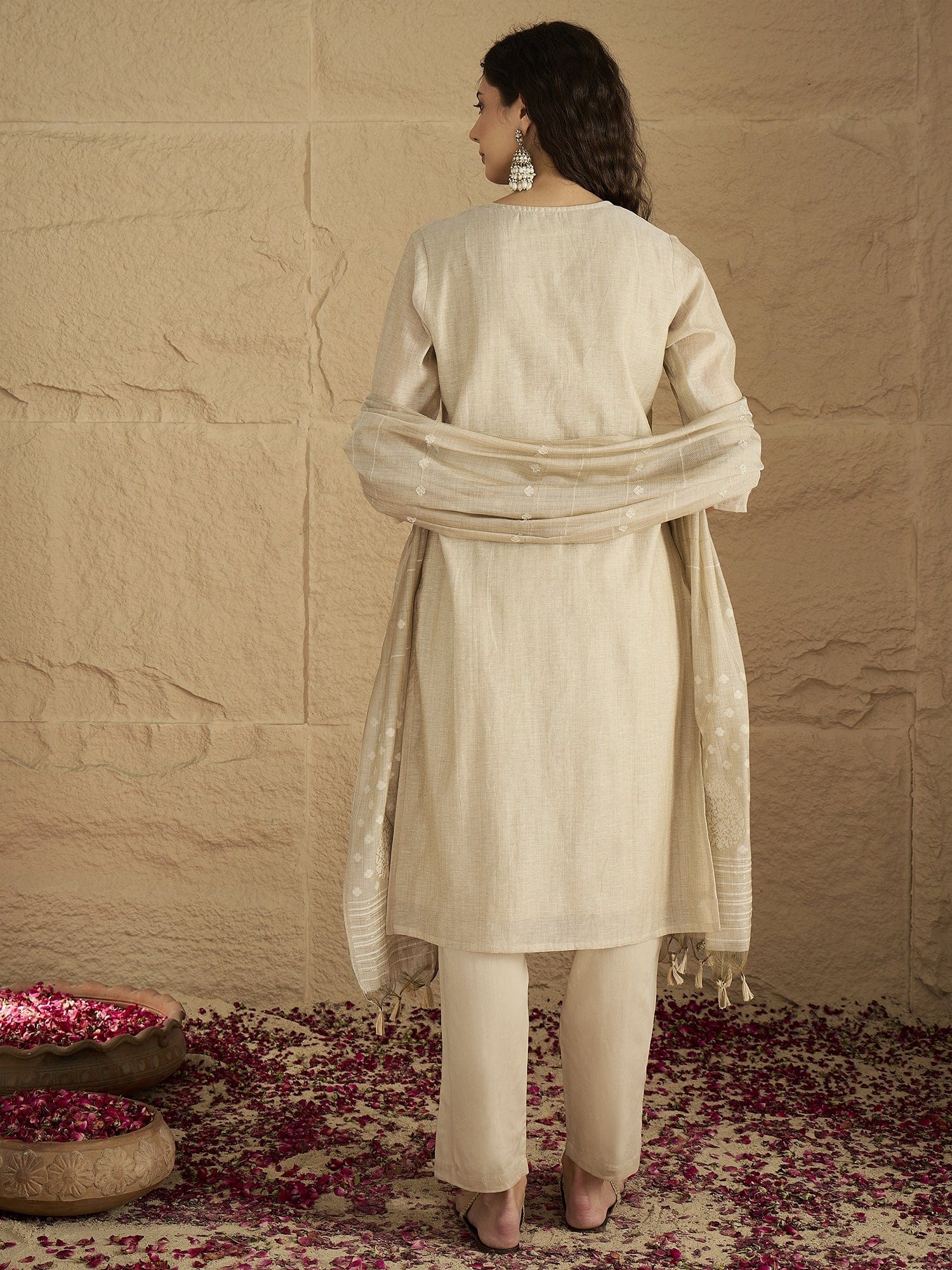 Varanga Women Graceful Beige Kurta Set Featuring Gota Patti Detailing, Paired With Solid Trousers And Dupatta