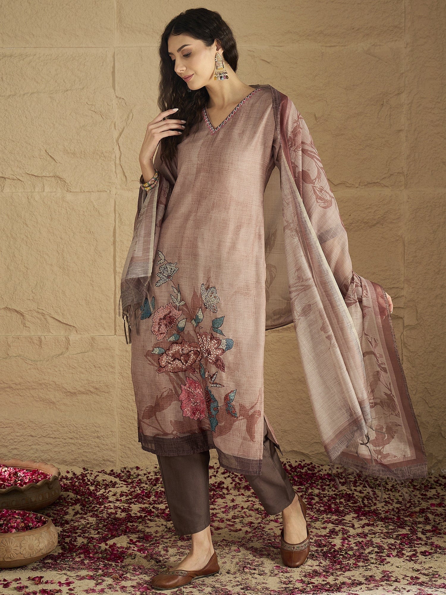 Varanga Women Graceful Beige Kurta Set Featuring Gota Patti Detailing, Paired With Solid Trousers And Dupatta