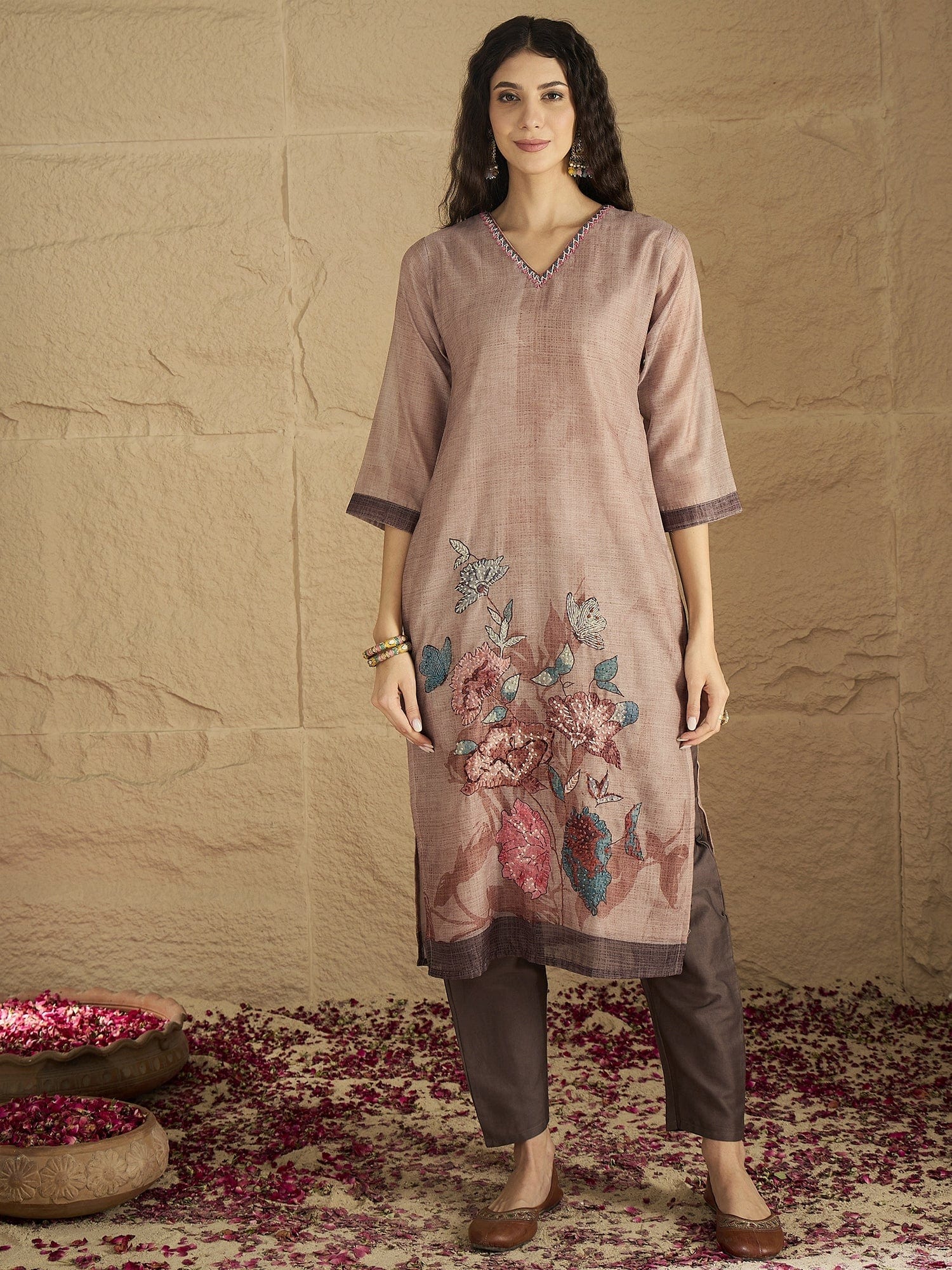 Varanga Women Graceful Beige Kurta Set Featuring Gota Patti Detailing, Paired With Solid Trousers And Dupatta