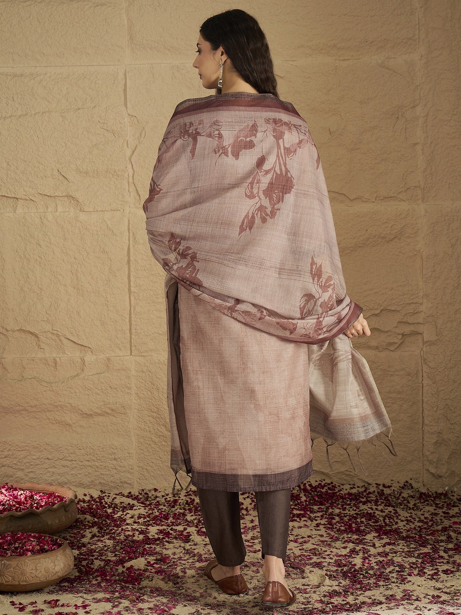 Varanga Women Graceful Beige Kurta Set Featuring Gota Patti Detailing, Paired With Solid Trousers And Dupatta