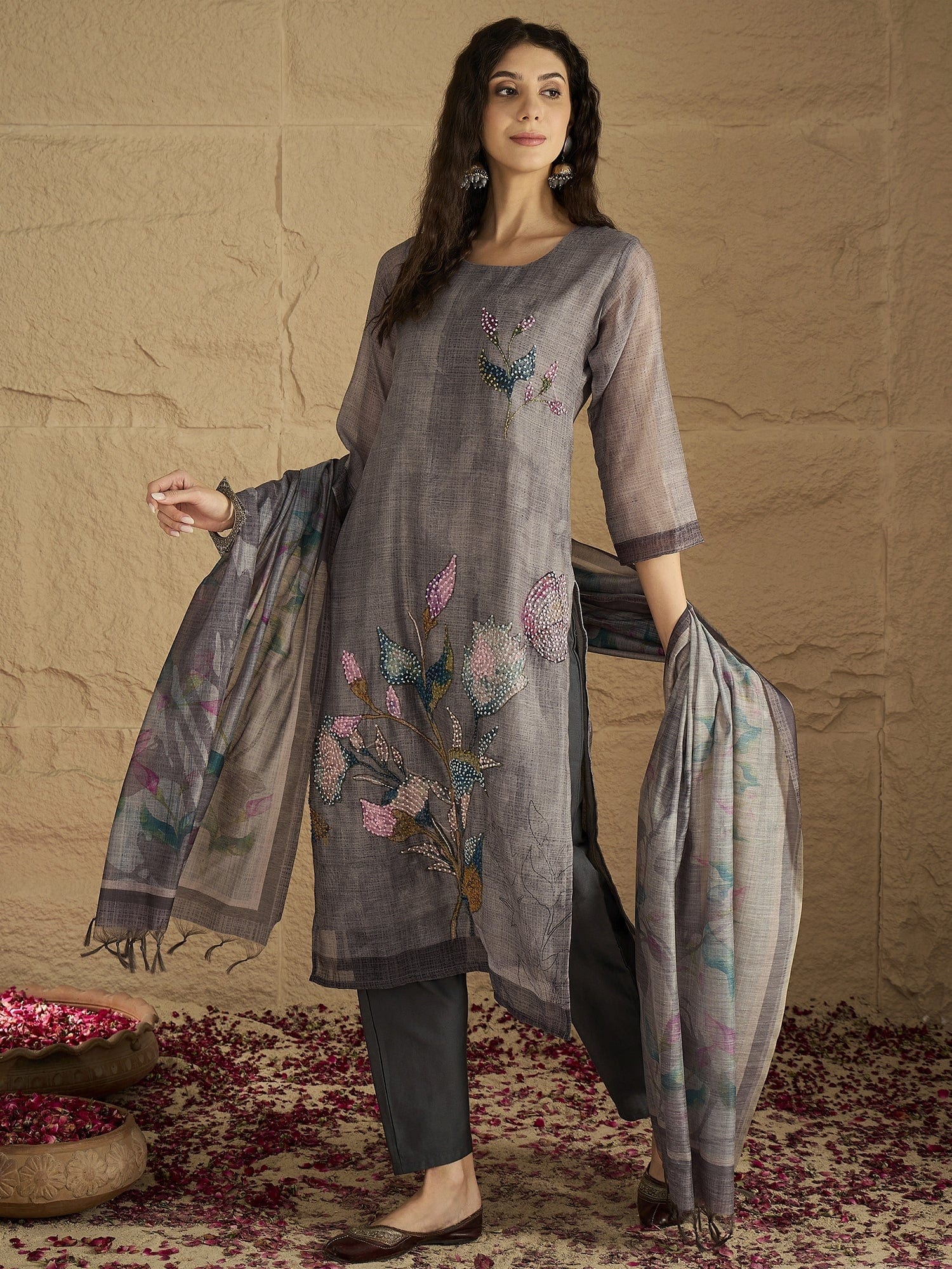 Varanga Women Graceful Beige Kurta Set Featuring Gota Patti Detailing, Paired With Solid Trousers And Dupatta