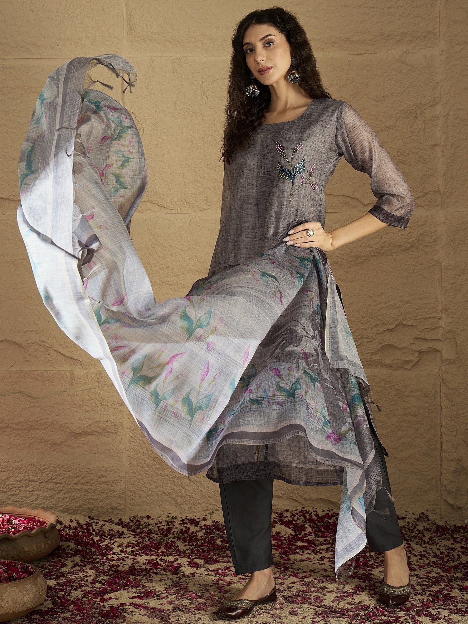 Varanga Women Graceful Beige Kurta Set Featuring Gota Patti Detailing, Paired With Solid Trousers And Dupatta
