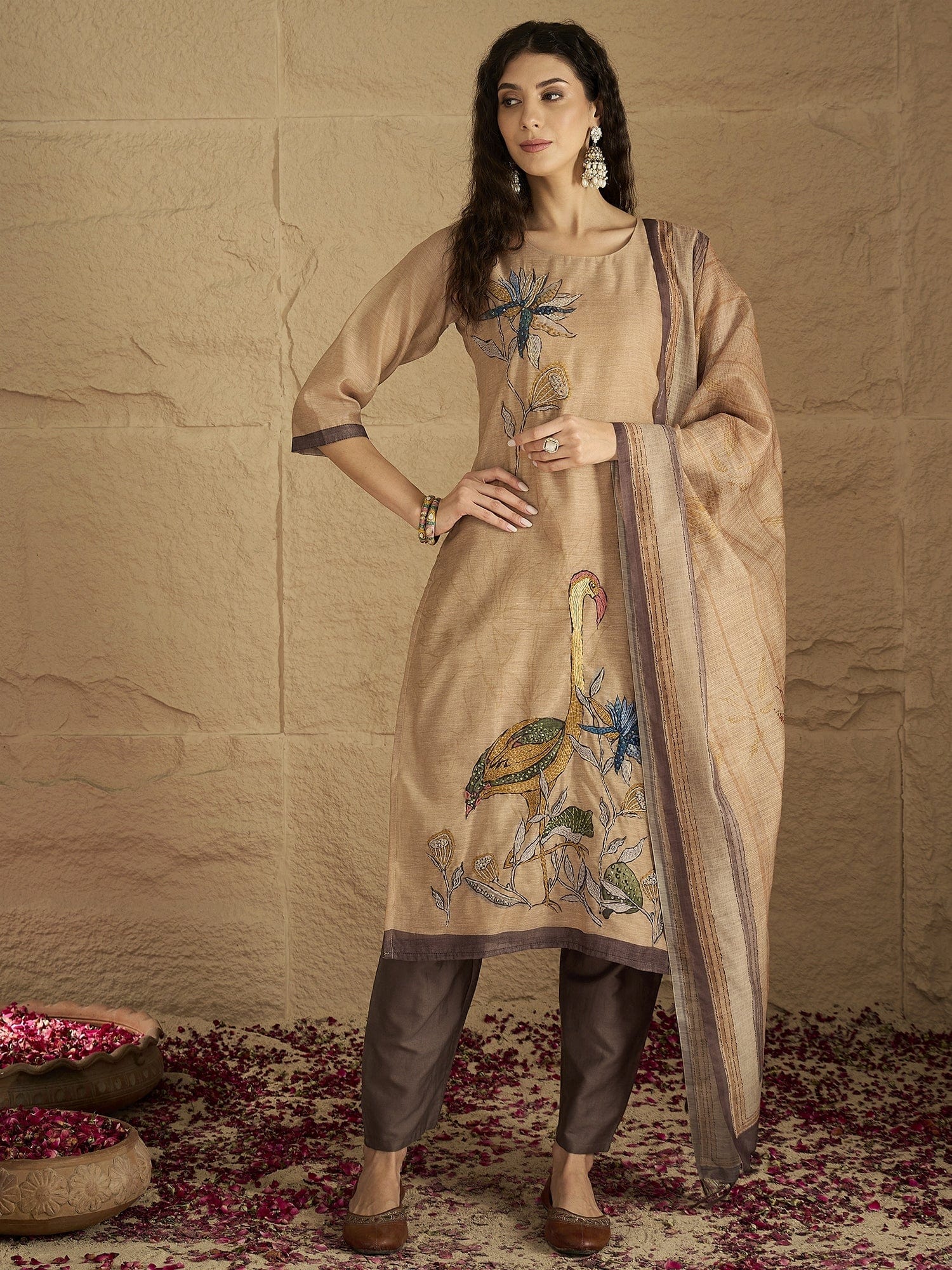 Varanga Women Graceful Beige Kurta Set Featuring Gota Patti Detailing, Paired With Solid Trousers And Dupatta