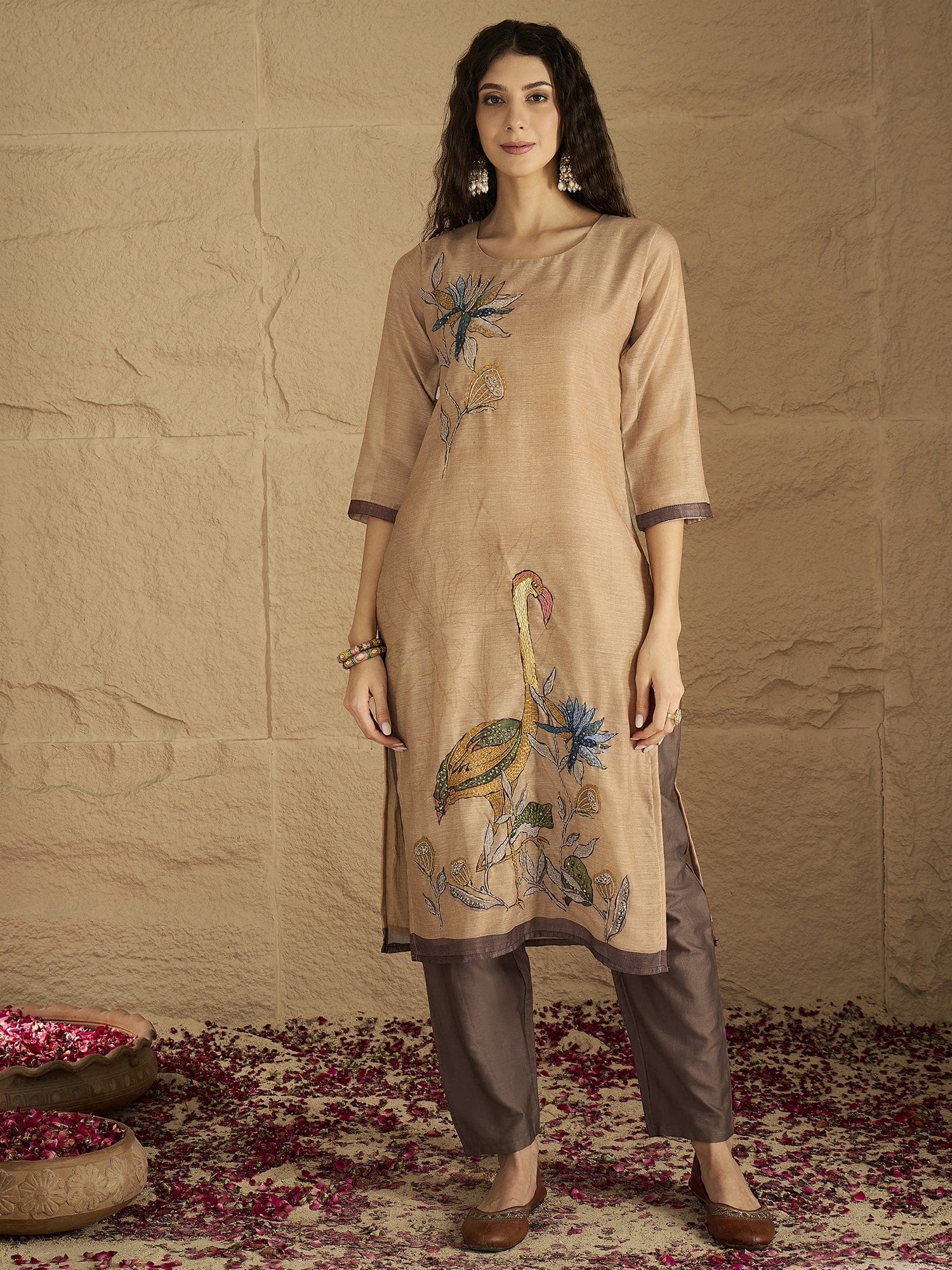 Varanga Women Graceful Beige Kurta Set Featuring Gota Patti Detailing, Paired With Solid Trousers And Dupatta