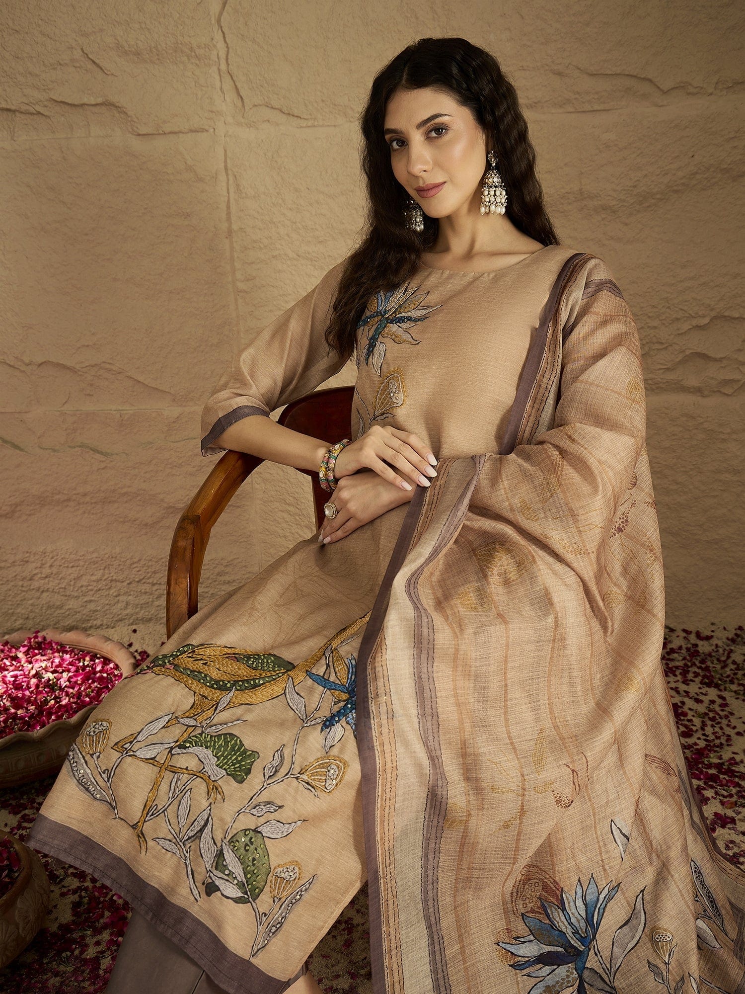 Varanga Women Graceful Beige Kurta Set Featuring Gota Patti Detailing, Paired With Solid Trousers And Dupatta