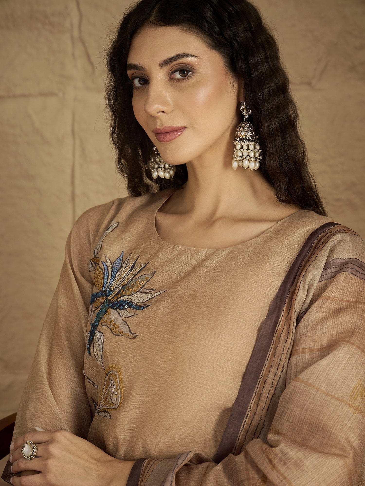 Varanga Women Graceful Beige Kurta Set Featuring Gota Patti Detailing, Paired With Solid Trousers And Dupatta