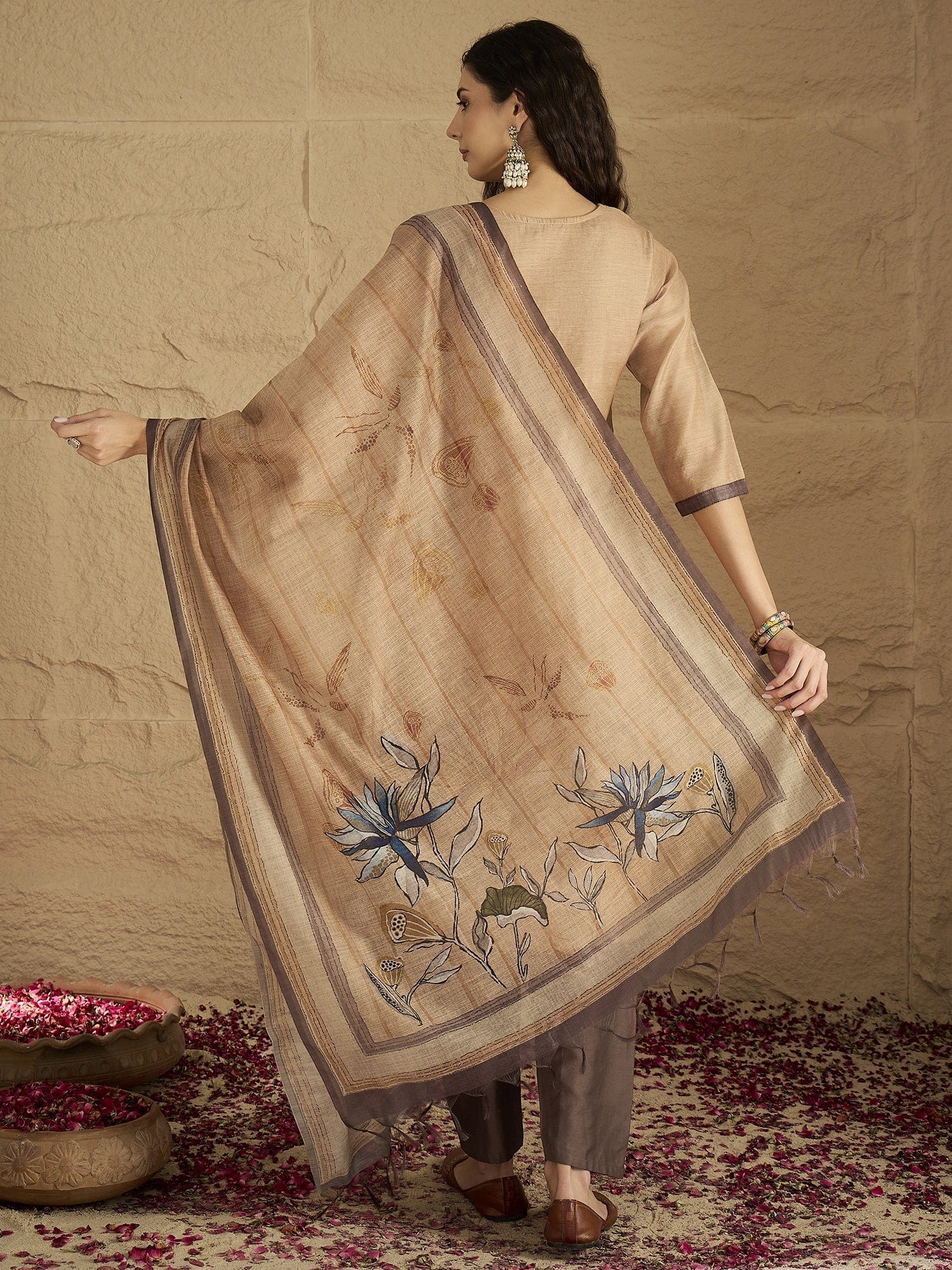 Varanga Women Graceful Beige Kurta Set Featuring Gota Patti Detailing, Paired With Solid Trousers And Dupatta