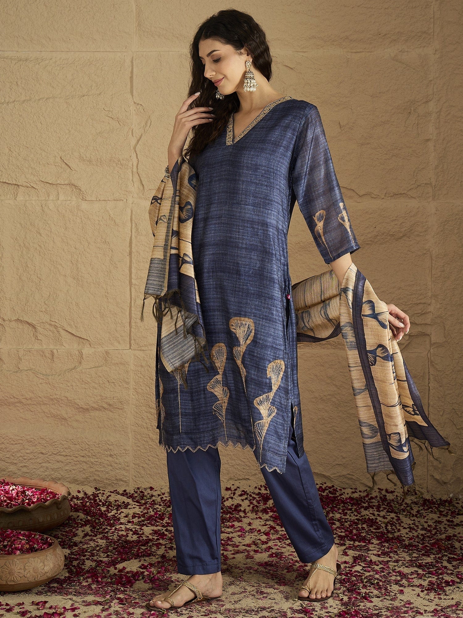 Varanga Women Graceful Beige Kurta Set Featuring Gota Patti Detailing, Paired With Solid Trousers And Dupatta