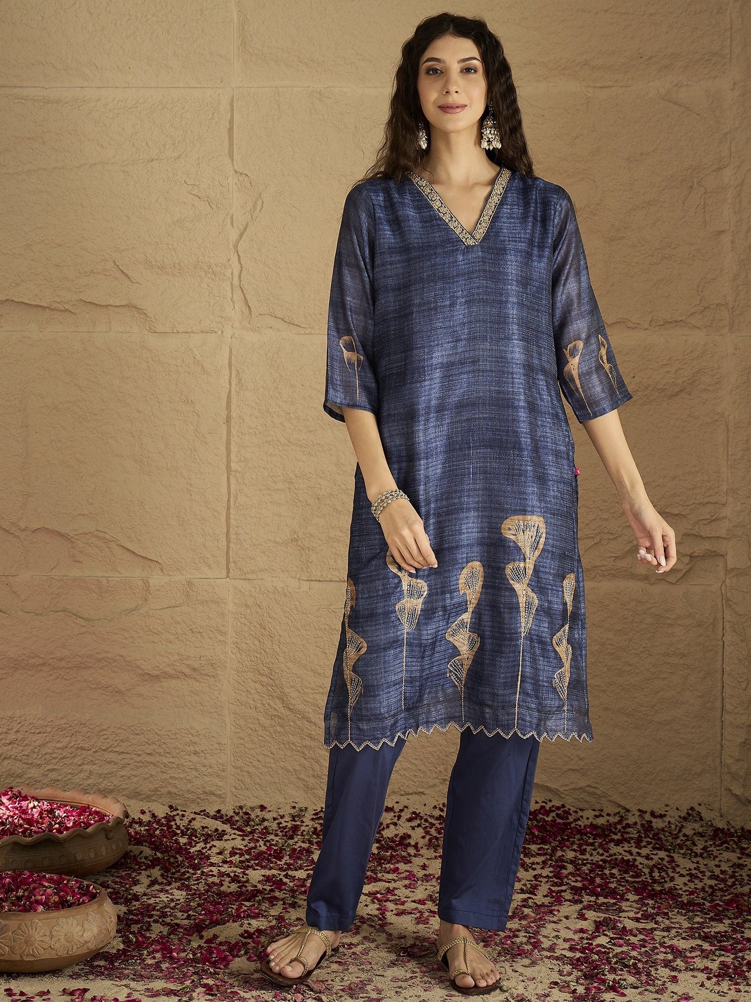 Varanga Women Graceful Beige Kurta Set Featuring Gota Patti Detailing, Paired With Solid Trousers And Dupatta