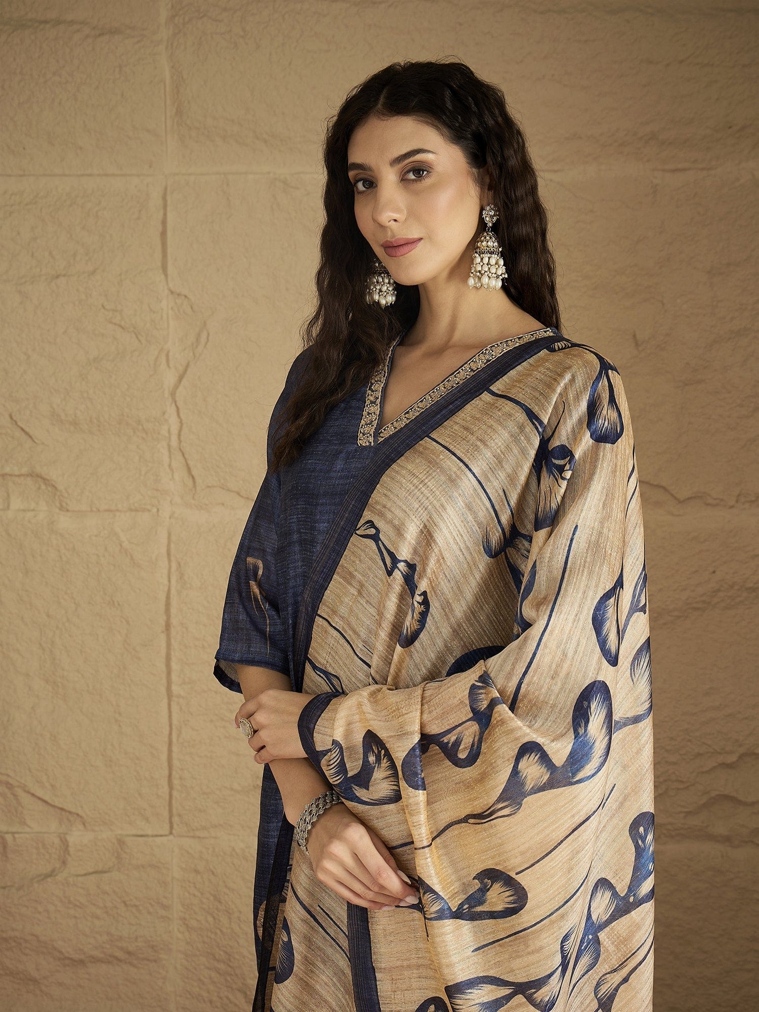 Varanga Women Graceful Beige Kurta Set Featuring Gota Patti Detailing, Paired With Solid Trousers And Dupatta