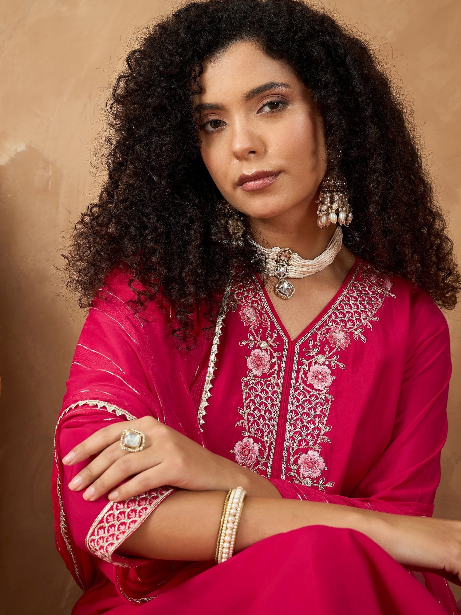 Varanga Women Kurta Adorned With Thread Embroidery, Teamed With Trousers And Paired With Dupatta Featuring Lurex And Lace Detailing