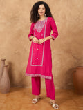 Varanga Women Kurta Adorned With Thread Embroidery, Teamed With Trousers And Paired With Dupatta Featuring Lurex And Lace Detailing