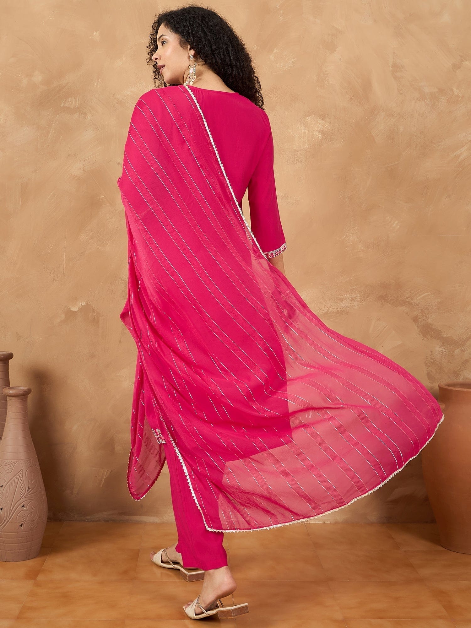 Varanga Women Kurta Adorned With Thread Embroidery, Teamed With Trousers And Paired With Dupatta Featuring Lurex And Lace Detailing