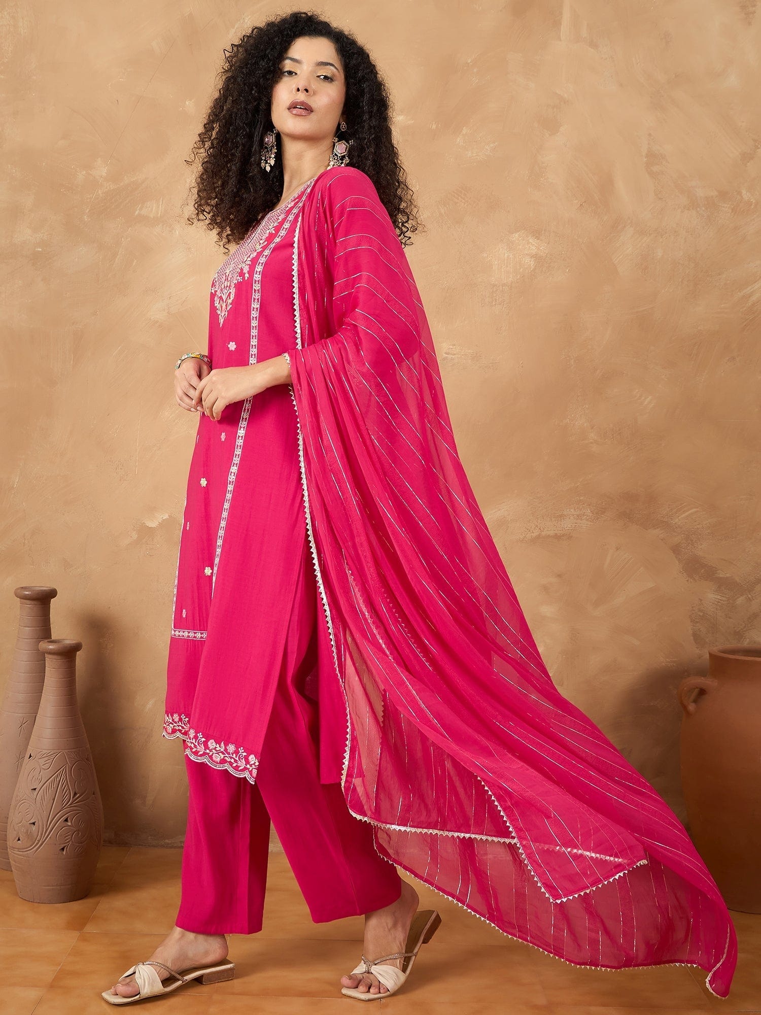 Varanga Women Kurta Adorned With Thread Embroidery, Teamed With Trousers And Paired With Dupatta Featuring Lurex And Lace Detailing
