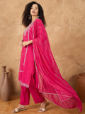 Varanga Women Kurta Adorned With Thread Embroidery, Teamed With Trousers And Paired With Dupatta Featuring Lurex And Lace Detailing